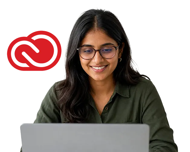 Smiling woman wearing glasses working on a laptop, with the Adobe Creative Cloud logo overlaid