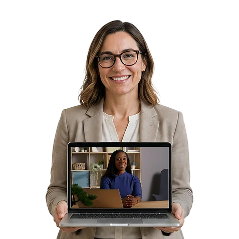 Businesswoman holding a laptop that displays a video call with a presenter