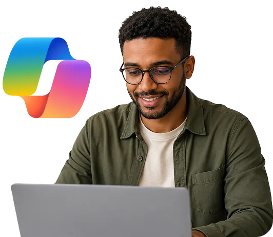 Man smiling while using a laptop, with the Microsoft 365 logo beside him